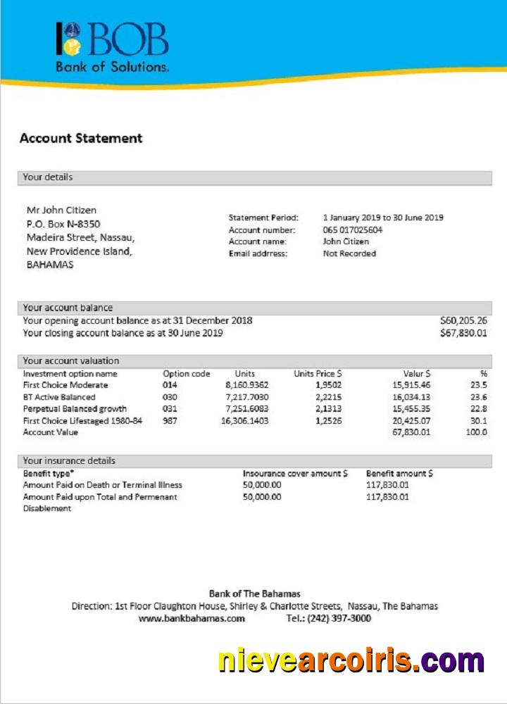 Bahamas Bank of The Bahamas bank statement
